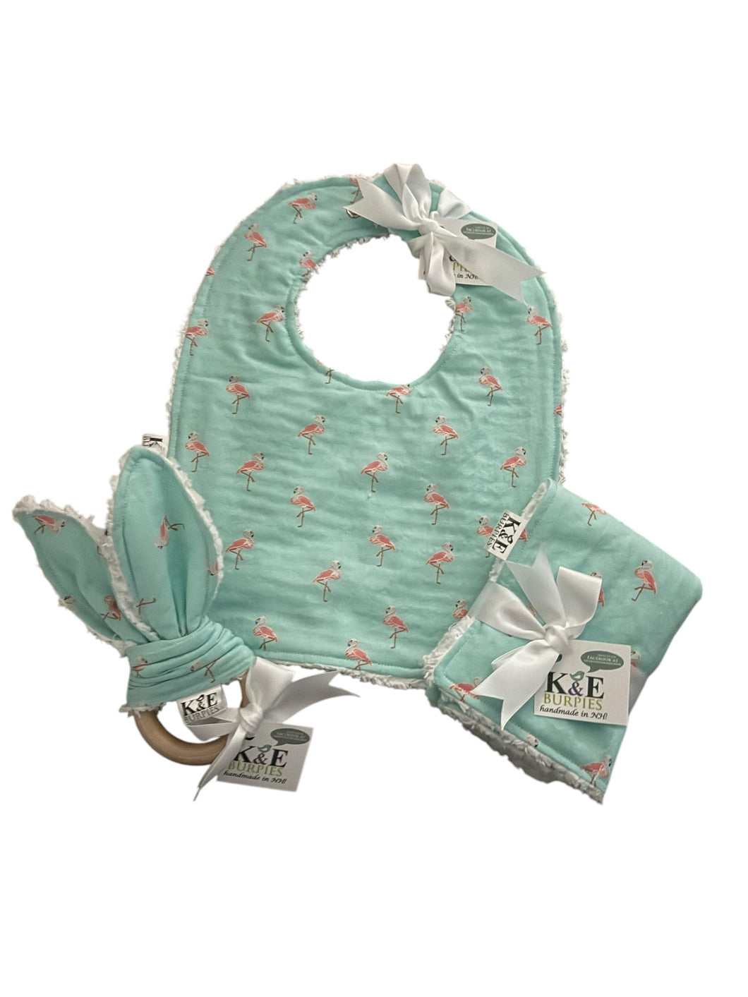 Classic Bib, Burpie and Teether Bundle, Flamingos