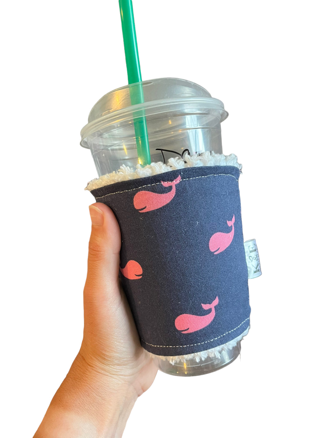 Sip Sleeve pink whales on navy