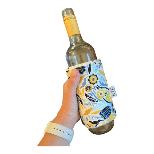 Wine Sleeve, blue & gold floral