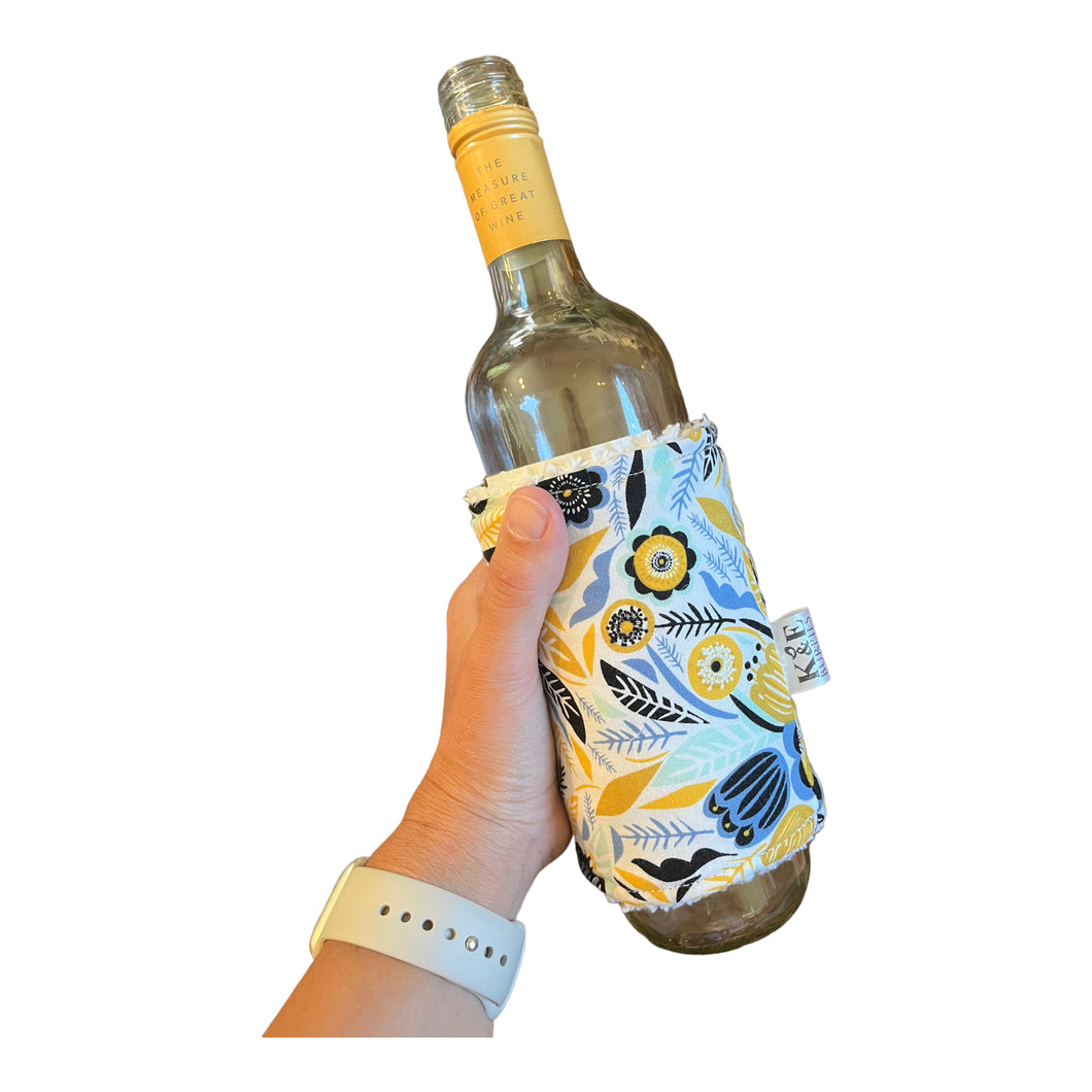 Wine Sleeve, blue & gold floral